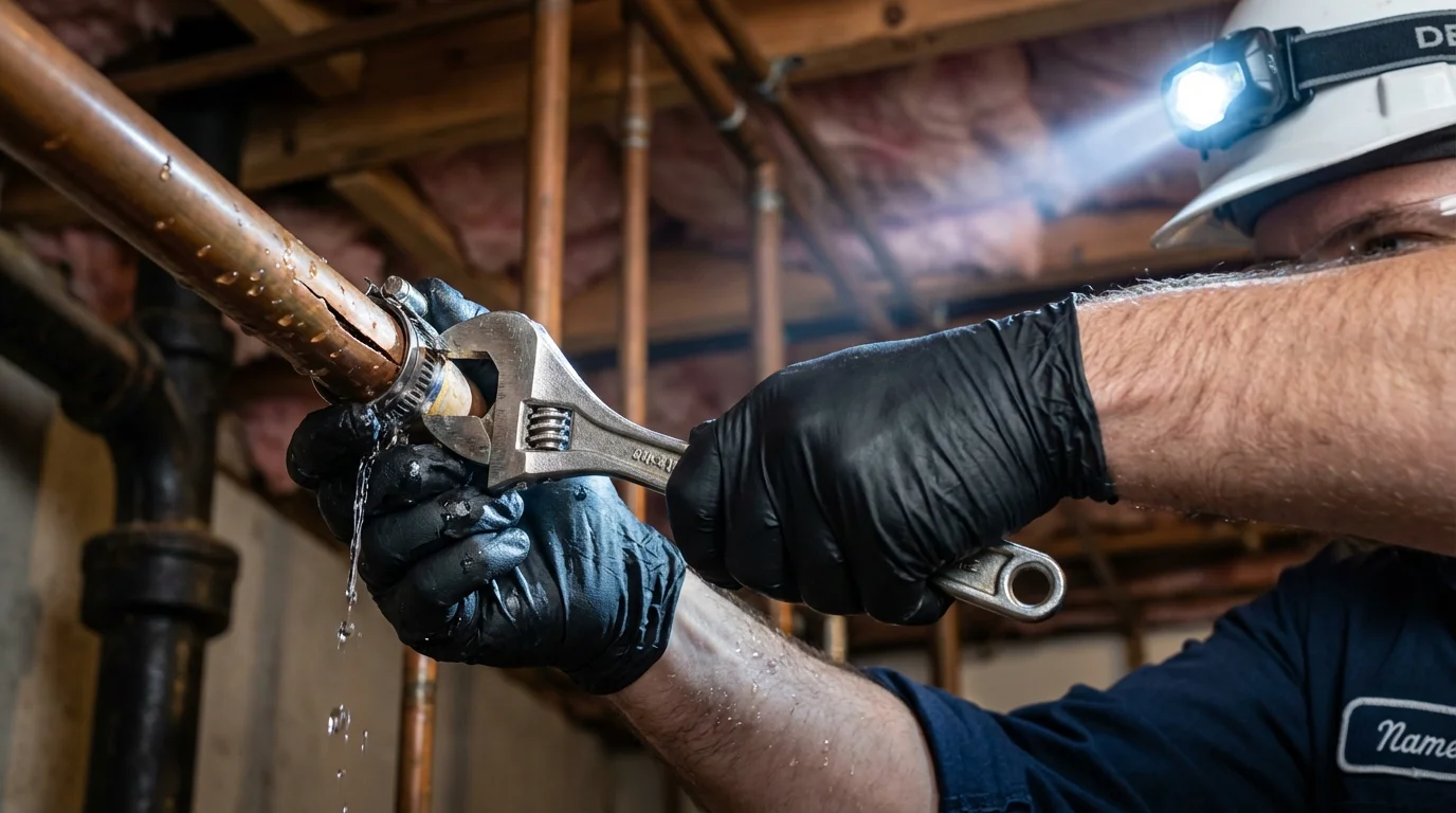 Emergency pipe clamp repair being performed by a Johns Plumbing LLC plumber in Louisa