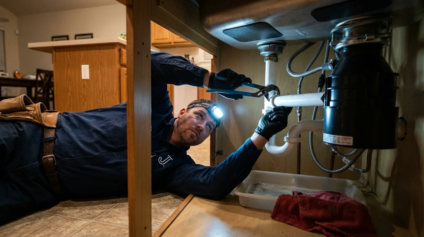 P-trap and supply line connections under a kitchen sink showing a common leak point in Louisa, KY